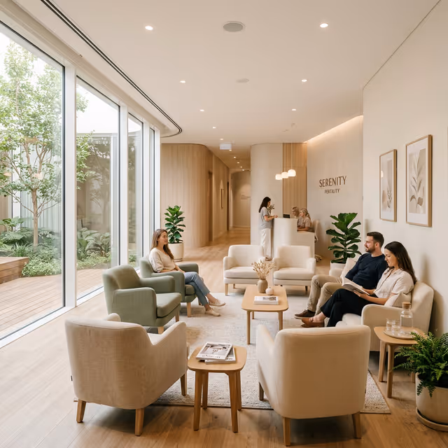 Sala de espera en clínica moderna de fertilidad, diseño sereno y relajante.
