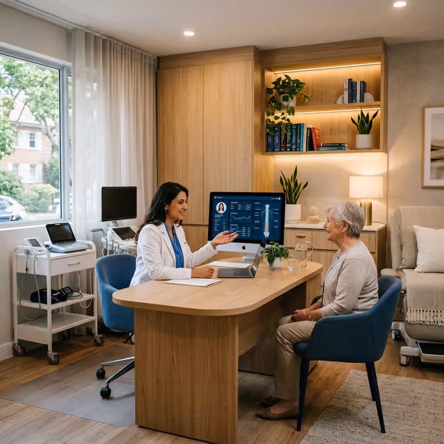 Sala de consulta médica de alta tecnología pero cálida y acogedora.