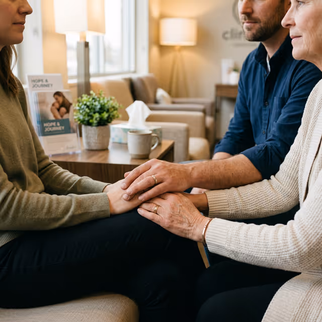 Manos agarradas de familiares en señal de apoyo.